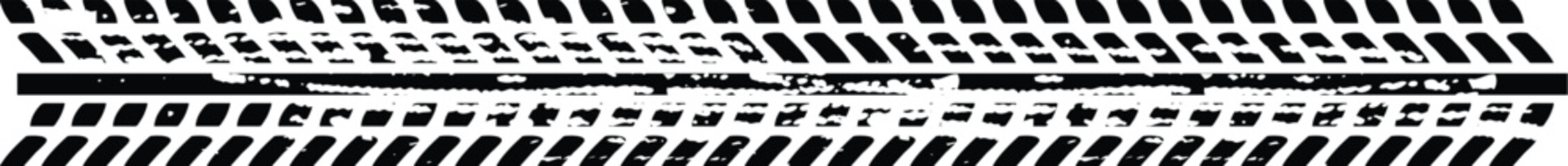 Naklejka premium Grunge tire tracks, wheel braking marks. Truck, car or motorcycle tread pattern silhouettes. Auto race, motorsport, speed racing design element. Vector illustration