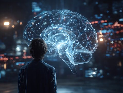 Person looking at giant glowing digital brain hologram in futuristic city at night representing artificial intelligence and consciousness.