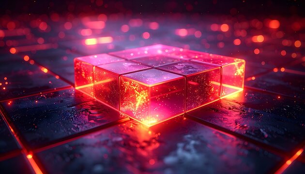 Abstract glowing cube made of digital blocks with internal fiery energy, symbolizing technology and data