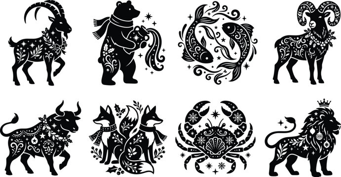 Zodiac Animal Silhouette Icons Set with Decorative Floral Celestial Horoscope Vector Collection