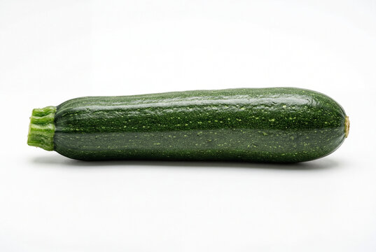 Single fresh green zucchini isolated on a clean white background