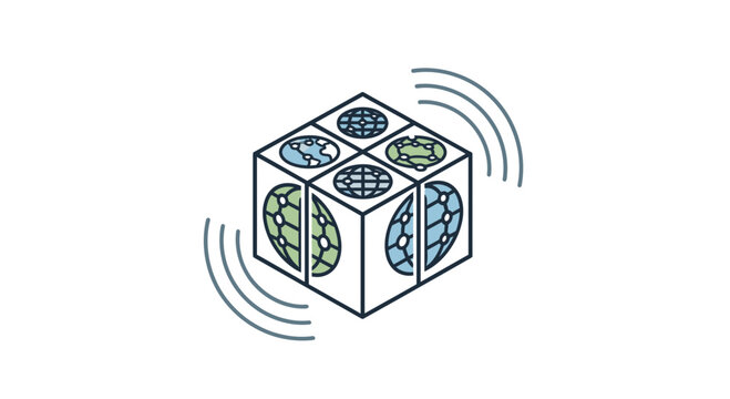 3D cube with rotating globe patterns on each side