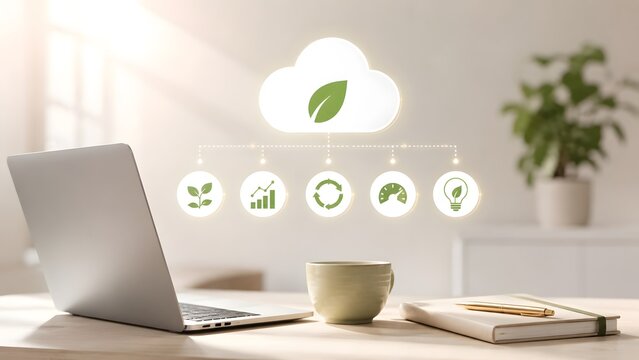 Eco friendly green cloud computing concept with laptop and glowing environmental icons representing sustainable IT solutions and carbon footprint monitoring