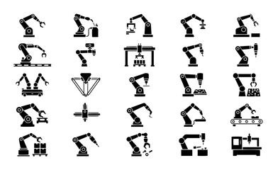 Fototapeta premium Industrial robotic arm vector icon set for factory automation and manufacturing