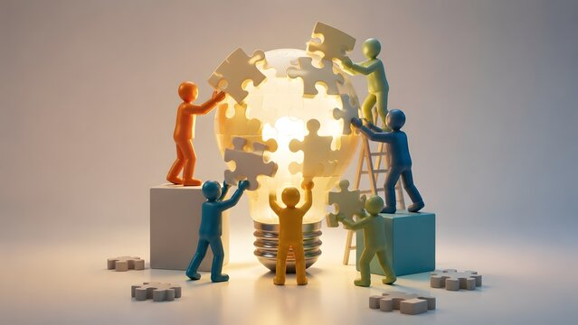 3D colorful figures working together to build a large glowing lightbulb from puzzle pieces symbolizing teamwork and collaborative innovation