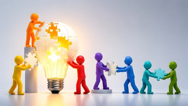 3D colorful figures working together to build a glowing lightbulb puzzle representing teamwork innovation and creative problem solving