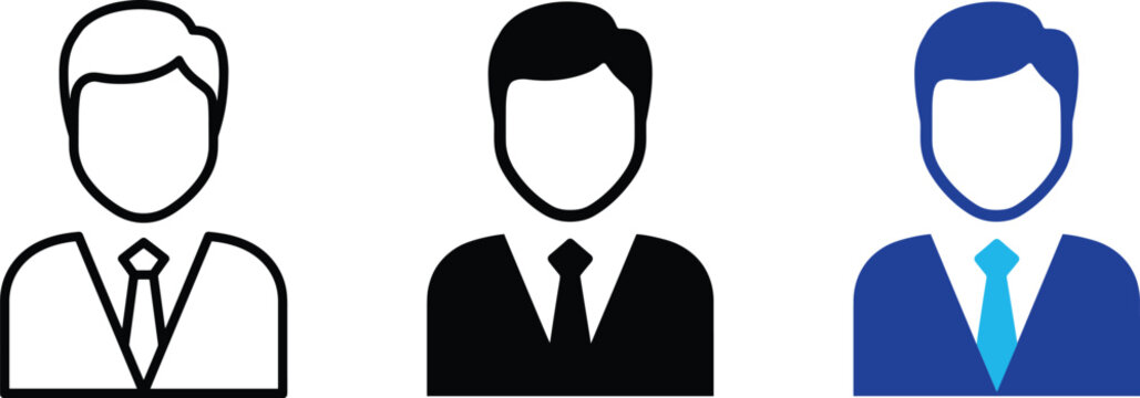 Businessperson icons in outline, solid silhouette, and blue color style for professional identity design