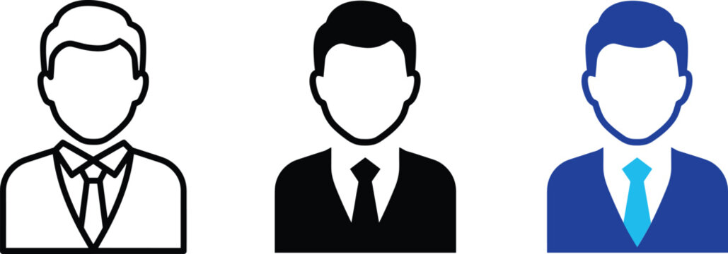 Businessperson icons in outline, solid silhouette, and blue color style for professional identity design