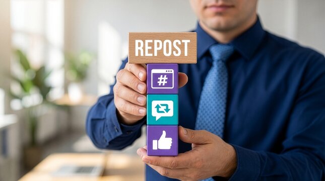Businessman holding colorful blocks with icons sees text REPOST. Repost sharing viral content online concept. Repost social media web information technology.New Concept