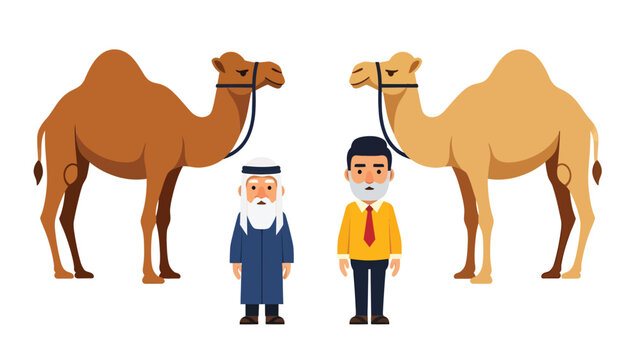 Two camels standing next to two men in traditional and modern attire, symbolizing contrast or comparison.