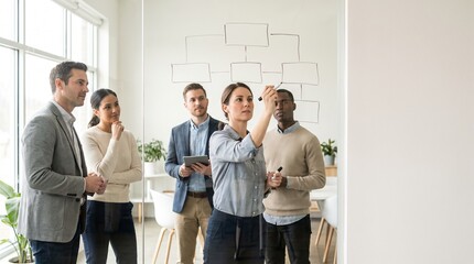 Fototapeta premium Diverse professionals collaborating on a strategic flowchart within a modern office setting.
