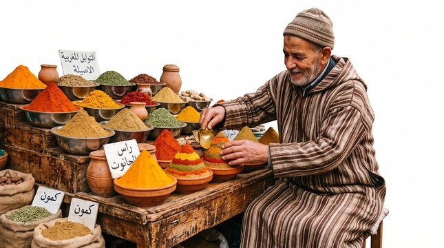 Traditional spice merchant in djellaba at market stall, colorful aromatic spices in bowls and sacks, authentic Middle Eastern bazaar scene on white background