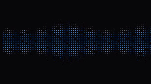 Abstract blue halftone dot soundwave pattern on a black background, digital audio equalizer and technology signal concept