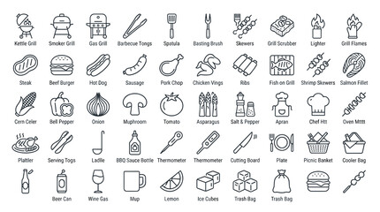 Editable barbecue and grill line icon collection with BBQ cooking symbols isolated on white background © Liton
