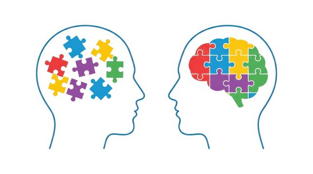 Vibrant vector concept of two human profiles with puzzle pieces showing mental health therapy, cognitive organization, problem solving, and psychological healing to represent clarity versus
