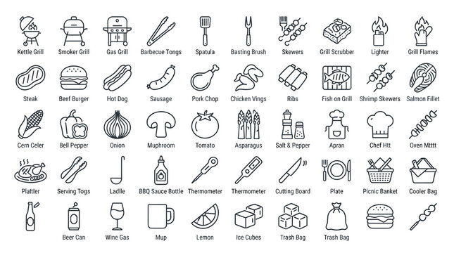 Editable barbecue and grill line icon collection with BBQ cooking symbols isolated on white background