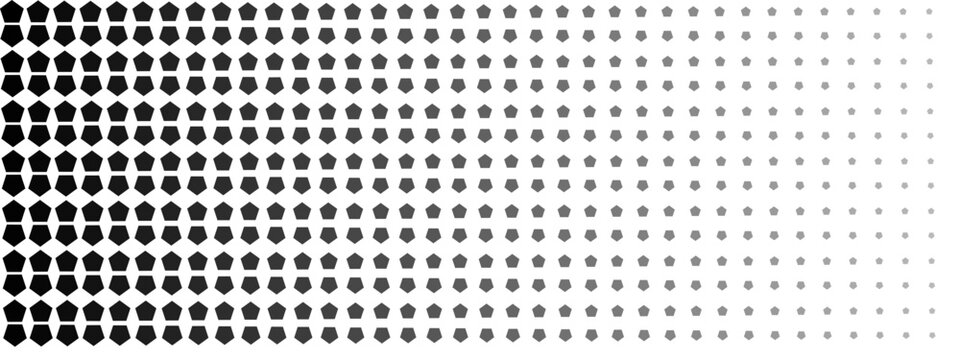 Black and white pentagon halftone fading pattern, Abstract geometric polygon size transition background, Monochrome pentagonal fading graphic design