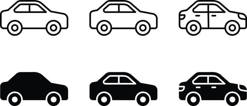 Car icon set with linear and solid styles representing various vehicle outline designs for transportation graphics