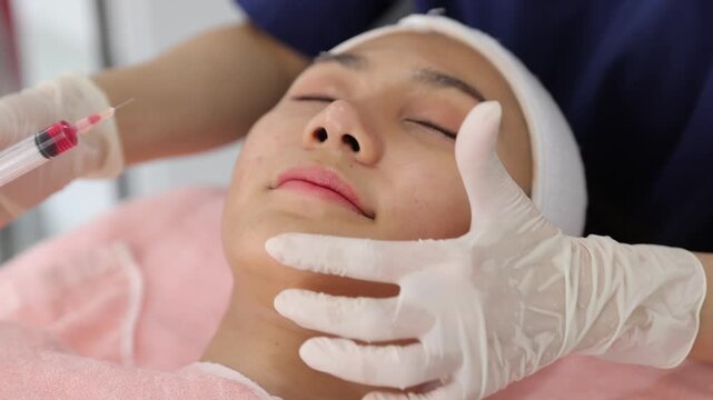 Asian woman receiving a PRP facial injection for skin rejuvenation. Beauty clinic procedure for skin care and anti-aging.