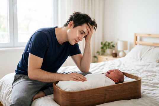 Tired young father looking at crying newborn baby on bed