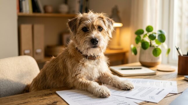 An adorable scruffy terrier-mix dog acting as a professional manager sitting at a home office desk with business documents and green plants, creating a humorous concept of a diligent canine assistant.