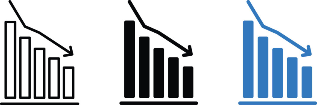 Downward business graph icon set showing financial market crash or economic failure trend vectors