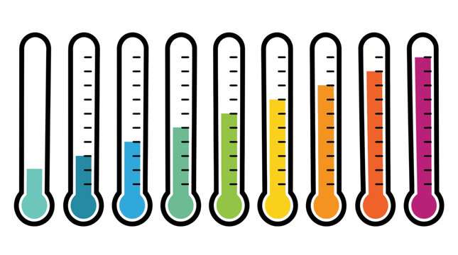 Set of colorful thermometers with varying levels of liquid representing temperature scale, perfect for climate change infographics, weather reporting dashboards and data visualization analysis