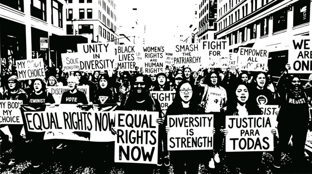 Diverse crowd protests for equality and women's rights, holding signs in a city street.