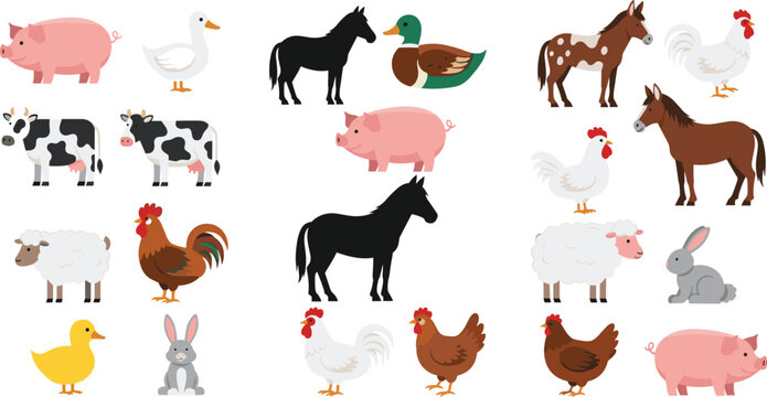 Cute domestic farm animals vector illustration collection set featuring cartoon cow pig sheep horse donkey rabbit duck chicken and rooster characters isolated on white background