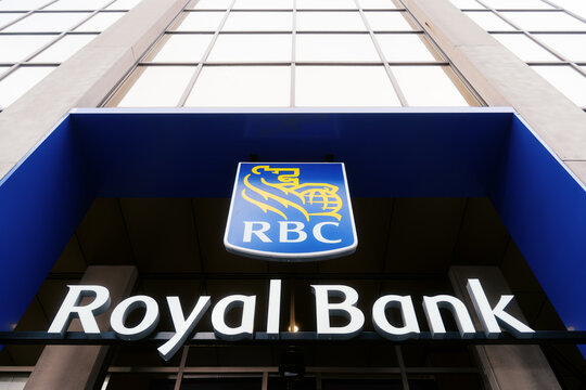 Toronto, Canada - June 19, 2026: Royal Bank of Canada RBC branch exterior signage and logo on modern office building