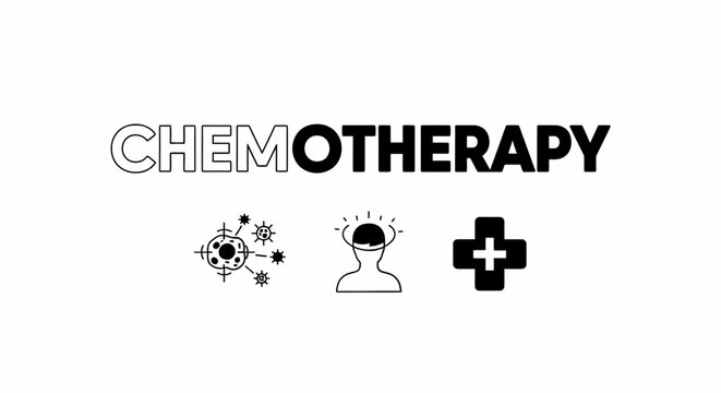 A minimalist black and white icon concept of chemotherapy, featuring symbols for cancer cells, patient, and medical cross, isolated on white background.