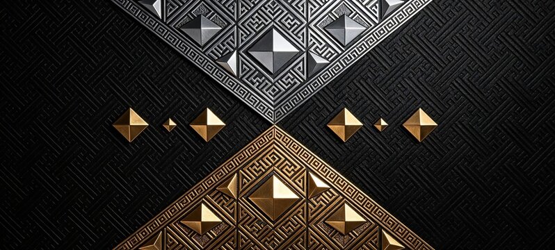 3D Luxury Geometric Gold Silver Diamonds Greek Key Black Art Deco Metallic