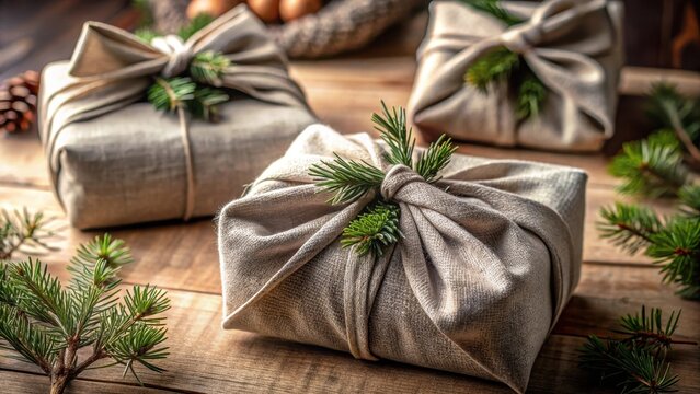 Reusable sustainable gift wrapping in linen fabric furoshiki gifts zero waste concept closeup selective focus