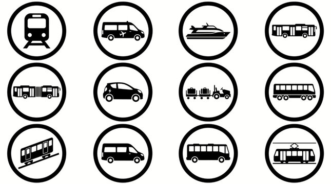 Public Transport and Passenger Vehicle Icons Set in Black Circle Frames