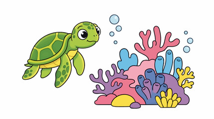 Fototapeta premium Cute Cartoon Sea Turtle Swimming Near Colorful Coral Reef with Bubbles, Flat Vector Illustration, Underwater Marine Life Scene
