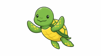 Adorable Cartoon Sea Turtle Illustration, Flat Design Style, Waving Hello with Flippers, Isolated on White Background, Bright Green and Yellow Colors, Vector Graphic © Waskito