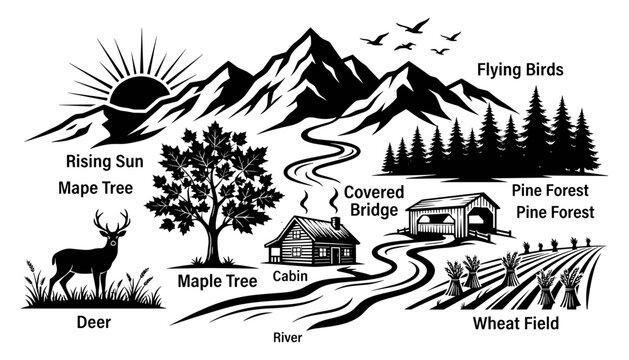 Deer Maple Tree Cabin Landscape Illustration with River Covered Bridge and Pine Forest Featuring Wheat, Field, Flying with Birds