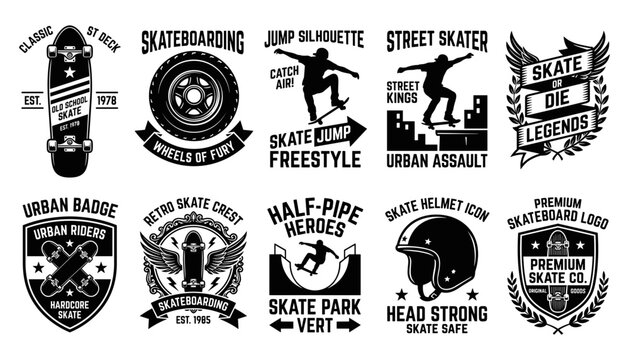 Skateboarding Badges Set with Black Emblems, Helmets, Wheels and Legends Typography on White Background