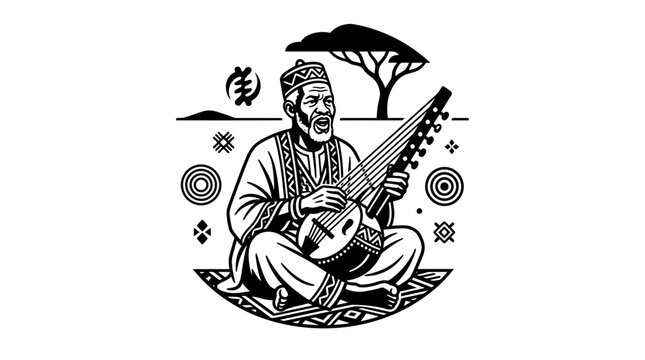 Elderly African Man Playing Kora Instrument, Traditional Music, Cultural Illustration