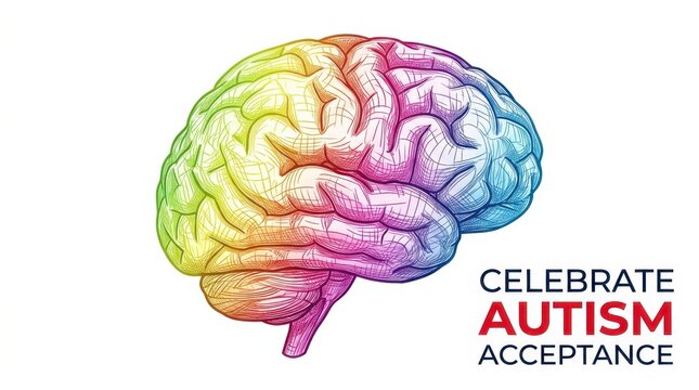Rainbow Colored Human Brain Illustration for World Autism Awareness Day and Neurodiversity Acceptance Month with Celebrate Autism Acceptance Text Banner