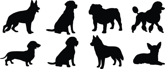 Dog Breed Silhouette Collection Set with Popular Domestic Canine Vector Illustrations © MD MIJANUR