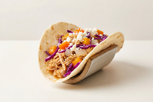 Soft shell taco filled with shredded chicken purple cabbage and cheese sitting on a ceramic holder