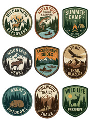 Naklejka premium Collection of Vintage Outdoor Adventure Patches Featuring Wildlife, Mountains, and Camping Scenes