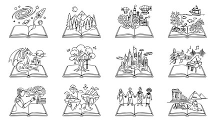 Open books with fantasy worlds, stories, and imagination coming to life - illustration