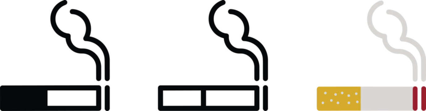 Stylized cigarette smoking icons set in outline and colored vector design for tobacco related signage