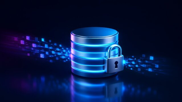 Locked database server with fast streaming data blocks illustrating secure digital transfer and cloud computing safety