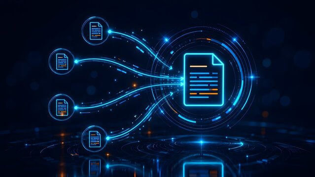 Futuristic glowing document icons sending data streams to central file inside circular hud representing advanced cyber information management system