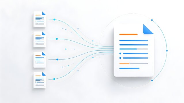 Minimalist design of document icons connecting to a central file illustrating efficient paperless workflow and cloud based document aggregation