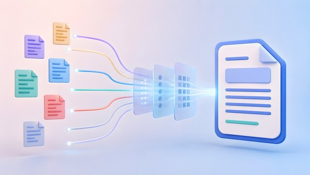 3D data processing and document management concept with multiple files merging into a single digital report through workflow filter layers