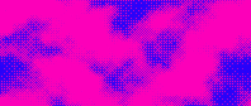 Pink and blue bitmap pixel texture. Dotted dither gradient pattern background. 8 bit halftone faded pop art gradation wallpaper. Vanishing raster video arcade game backdrop.Eps10